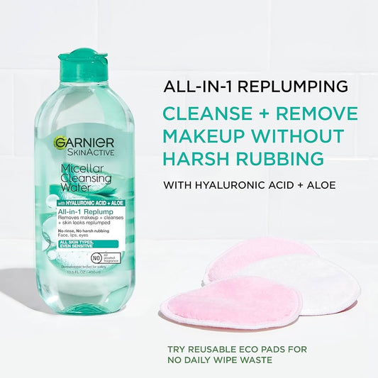 Garnier Micellar Water with Hyaluronic Acid, Facial Cleanser & Makeup Remover, Hydrating and Plumping, For All Skin Types, Vegan, Cruelty Free, 13.5 Fl Oz (400mL)