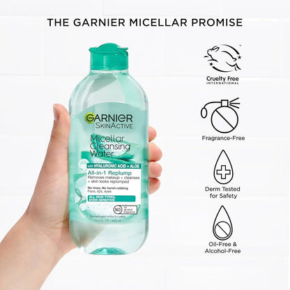 Garnier Micellar Water with Hyaluronic Acid, Facial Cleanser &amp; Makeup Remover, Hydrating and Plumping, For All Skin Types, Vegan, Cruelty Free, 13.5 Fl Oz (400mL)