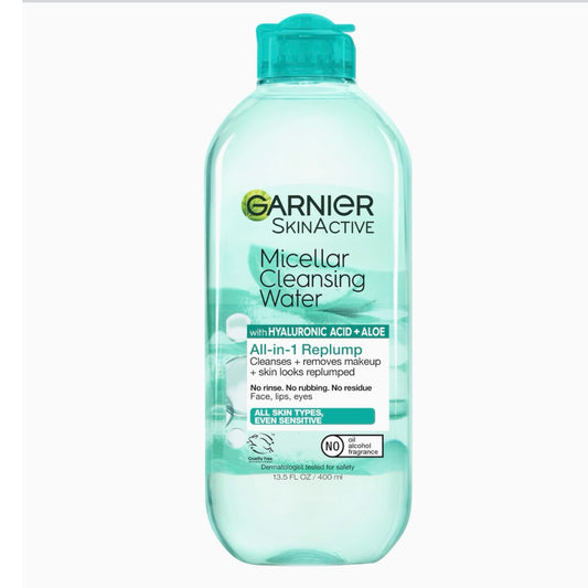 Garnier Micellar Water with Hyaluronic Acid, Facial Cleanser &amp; Makeup Remover, Hydrating and Plumping, For All Skin Types, Vegan, Cruelty Free, 13.5 Fl Oz (400mL)